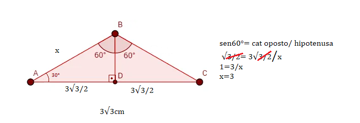 Se um dos ângulos internos de um triângulo isósceles mede 120° e o lado  oposto a este ângulo mede 4 cm, 